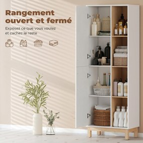 Móvel de casa de banho 62,5 L x 35 P x 176 A cm, móvel de arrumação, 2 portas, 4 compartimentos abertos e prateleiras ajustáveis, branco e natural