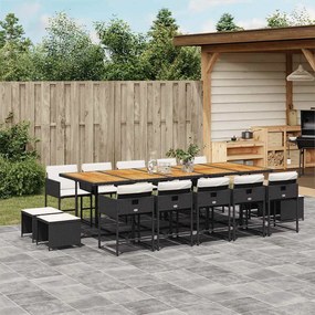 15 pcs conjunto de jantar p/jardim com almofadões vime PE preto