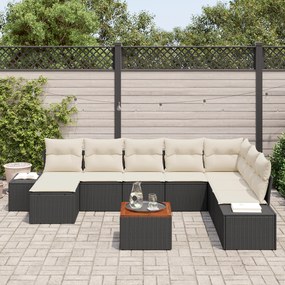 Conjunto de Sofá de Jardim de 9 Peças com Almofadas Preto Rattan Polié