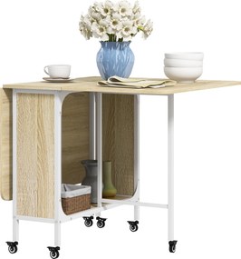 Mesa de Cozinha Dobrável Mesa de Refeição Dobrável com Rodas Laterais Abatíveis e Prateleira 130x80x74 cm Madeira e Branco