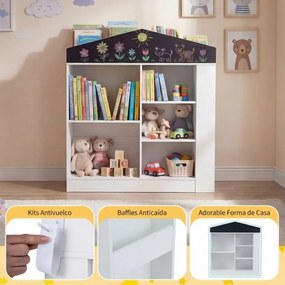 Estante infantil em forma de casa 94 x 30 x 102 cm com 11 compartimentos abertos para quarto, sala de jogos ou creche – Branca