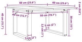 Mesa de centro estrutura em O 60x60x40 cm pinho e aço
