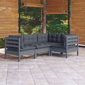 vidaXL 4 pcs conjunto lounge de jardim c/ almofadões pinho cinza