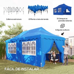 Tenda Dobrável Pop Up 596x300x315 cm com 6 Paredes Laterais Anti-UV Altura Ajustável para Campismo Festas Azul