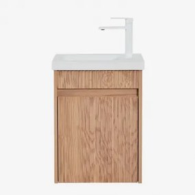 Conjunto De Móvel De Casa De Banho Suspenso Em Madeira Com Lavatório Integrado Narek Sem Espelho & Castanho Fresno & Branco ↑20 Cm Com Válvula De Dren