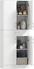 Armário de cozinha alto com 4 portas, 2 compartimentos e 1 gaveta central, altura de 180 cm, com 2 prateleiras ajustáveis, branco