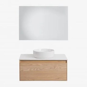 Conjunto De Móvel De Casa De Banho Em Madeira De Freixo Tedrik Castanho Fresno & Cerâmica Redonda Branca Ø40 Cm Lenka & - Sklum