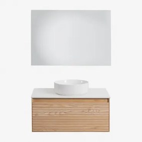 Conjunto De Móvel De Casa De Banho Suspenso 80x50 Cm Em Madeira De Freixo Tedrik Castanho Fresno & Cerâmica Redonda Branca Ø40 Cm - Sklum