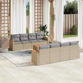 9 pcs conj. sofás jardim c/ almofadões vime PE bege misturado