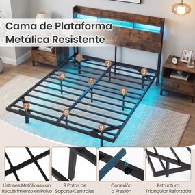 Estrutura de cama 200 x 140 cm (COLCHÃO NÃO INCLUIDO) com LED e plataforma de carga industrial em metal, com cabeceira com espaço de arrumação e ripas