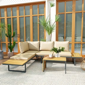 Conjunto de Móveis de Jardim Sofás de Exterior em Forma de L com 2 Sofás de 3 Lugares Assento Ajustável e Mesa Bege e Cinza
