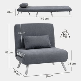 Poltrona convertível de 1 lugar, poltrona-cama clic-clac 3 em 1 com encosto ajustável, almofada, assento largo, cinzento escuro