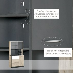 Aparador de cozinha com armário de cozinha com vários compartimentos: 2 portas, 3 gavetas, 3 prateleiras + tabuleiro grande; 90 x 39 x 169 cm; bicolor