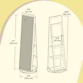 Armário para joias com espelho de corpo inteiro e Iluminação LED 54,5 x 54,5 x 162 cm branco
