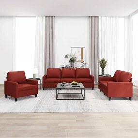vidaXL 3 pcs conjunto sofás c/ almofadões couro artif. vermelho tinto