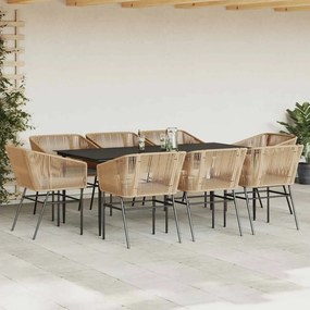 Conjunto jantar jardim 9 peças almofadas vidro vime PE castanho