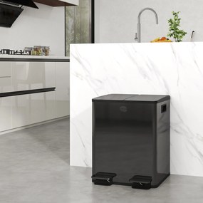 Caixote do lixo de cozinha com 2 compartimentos de 2 x 20 L, aço inoxidável, tampa com fecho suave, 45,8 x 36 x 51,6 cm, preto