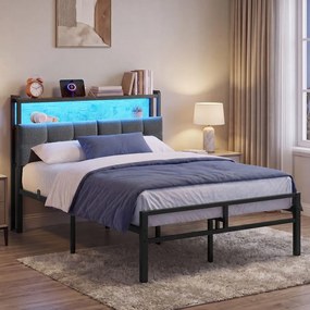 Cama de metal 120 x 200 cm com iluminação LED (COLCHÃO NÃO INCLUIDO), tomadas e espaço de arrumação, preta