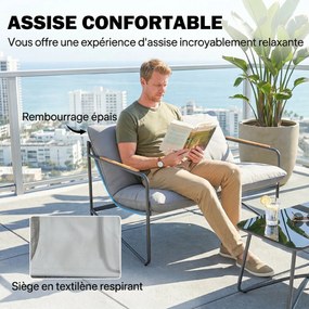 Conjunto de jardim de 4 peças com sofá de 2 lugares, 2 poltronas e mesa de centro em vidro temperado; almofadas de 13 cm em cinzento claro