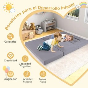 Sofá modular de 9 peças para crianças em espuma de 9 peças com tecido de camurça e capas laváveis Sofá convertível em espuma Cinzento