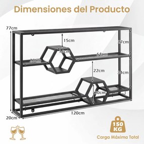 Garrafeira de Parede, 120 x 20 x 77 cm, Suporte para Copos, Preto