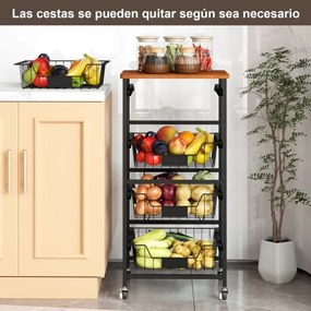 Carrinho de arrumação de cozinha de 5 níveis com cestos deslizantes e etiquetas de giz DIY 42 x 31 x 89 cm preto e castanho