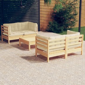 vidaXL 5 pcs conjunto lounge jardim c/ almofadões cor creme pinho