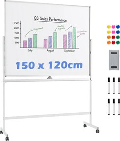 Quadro magnético 156 x 54 x 195/215 cm dupla face móvel com suporte ajustável e rodas bloqueáveis para escritório, casa e sala de aula Branco