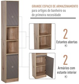 Armário alto para banheiro com 2 portas e 2 prateleiras abertas Móveis auxiliares para sala de estar Corredor 30x24x170 cm Carvalho e cinza