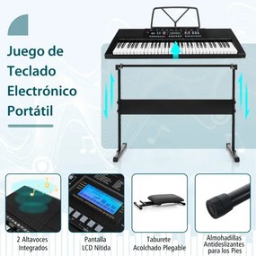 Teclado eletrónico portátil de 61 teclas com suporte e banco Conjunto completo de piano digital Branco + Preto