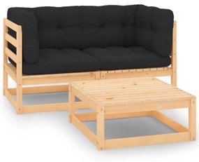 vidaXL 3 pcs conjunto lounge de jardim c/ almofadões pinho maciço