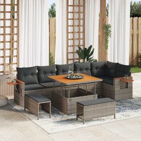 Conjunto de Sofás de Jardim vidaXL 9 Peças com Almofadas Cinzento Rattan de Poliéster Acácia