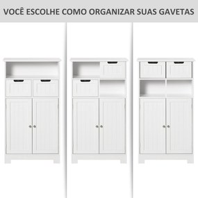Armário de Casa de Banho com 2 Portas Prateleira Ajustável 2 Gavetas e Compartimento Aberto Móvel Auxiliar de Armazenamento para Sala de Estar Cozinha