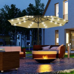 Chapéu de Sol de Jardim Ø268x238cm com 24 Luzes LED Solar Mecanismo de Inclinação para Terraço Piscina Pátio castanho