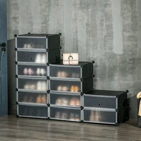 Sapateira Modular de Cubos de Plástico Armário Modular para Sapatos com 12 Cubos com Porta Desenho de DIY 94x37x108 cm Preto