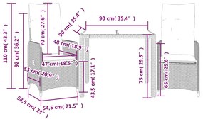 3 pcs conjunto bistrô de jardim c/ almofadões vime PE cinza