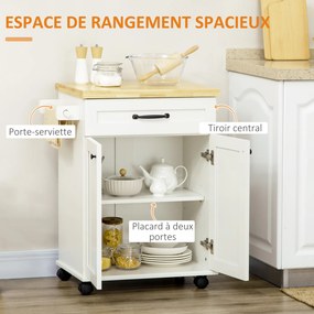 Carrinho de cozinha com rodas 68 L x 40 l x 83,5 A cm e vários compartimentos de arrumação: 1 gaveta, 1 armário, 1 suporte para panos de cozinha branc