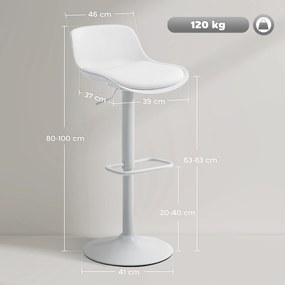 Conjunto de 2 bancos de bar, bancos altos de cozinha com assento giratório e altura ajustável, 43 x 45 x 100 cm, branco