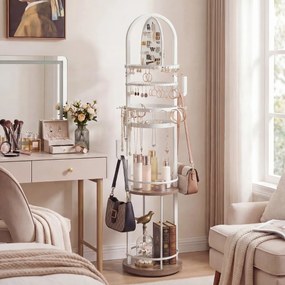 Organizador giratório 360º  33 x 33 x 148 cm com cabides e prateleiras para joias e carteiras Branco e cinzento