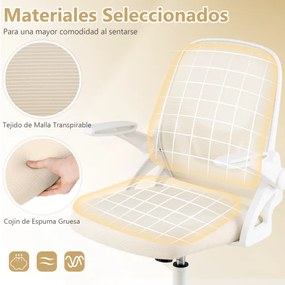 Cadeira de escritório ergonómica com apoio lombar integrado, apoios de braços rebatíveis, rodas universais, altura ajustável, bege