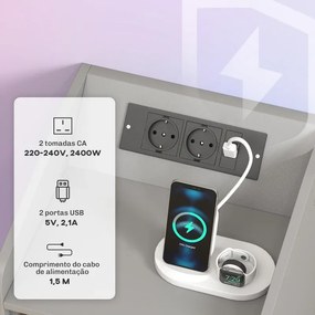 Mesa de Cabeceira com Luzes LED Gaveta 40x40x58 cm com Estação de Carregamento Entrada USB e Controlo Remoto Cinzento