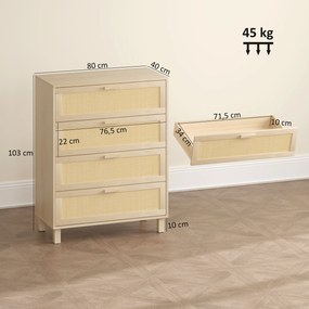 Cómoda com 4 gavetas em vime, 80 x 40 x 103 cm, MDF com acabamento em castanho claro