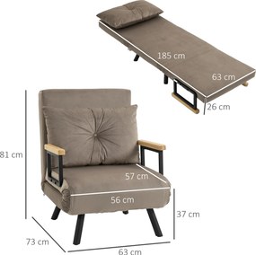 Poltrona convertível 4 em 1, cama individual, encosto com 5 posições, braços em madeira com almofada, tecido com efeito de veludo, castanho