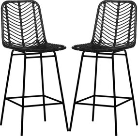 Conjunto de 2 bancos de bar de design boémio, com 66 cm de altura, com apoio para os pés em metal e rattan PE - preto