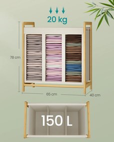 Cesto para roupa suja 150L 65 x 40 x 78 cm com estrutura em bambu e dois compartimentos creme