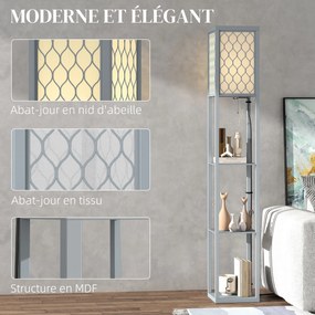 Candeeiro de pé com prateleiras, candeeiro de pé de sala com 3 níveis, interruptor de cordão, 26 x 26 x 160 cm, cinzento e branco