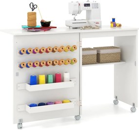 Mesa de Costura Dobrável Multifuncional Estante Compacta 2 Tabuleiros e 18 Pinos Armário de Costura com Porta e 5 Rodas Branco