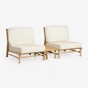Conjunto De Jardim Com 2 Poltronas E Mesa Auxiliar Retangular Em Bambu Isendra Tecido Branco - Sklum