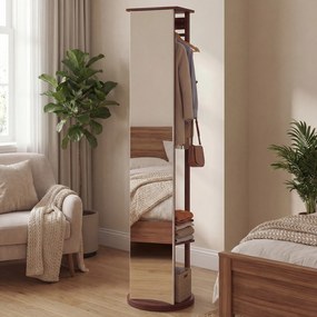 Espelho giratório 3 em 1 com cabideiro, estantes e ganchos – organizador para quarto – 44 x 168 cm – Castanho