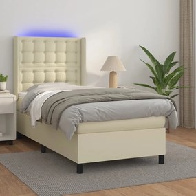 Cama box spring c/ colchão/LED 100x200cm couro artificial creme